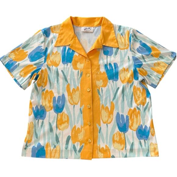 Vintage 80s Vera Neumann Tulip Button Down Blouse Single Stitch Shirt Size 16 - Picture 1 of 2